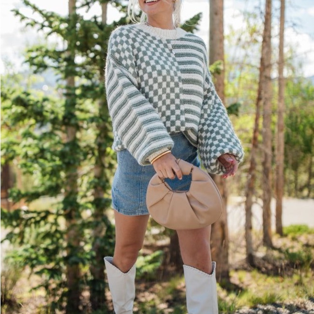 Chic Checkered Sweater and Denim Skirt Set